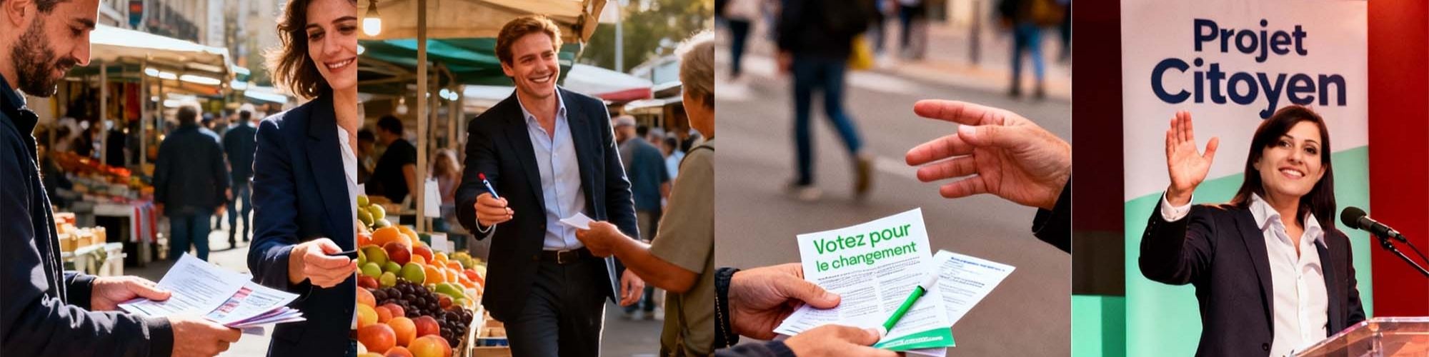 banni&egrave;re illustrant une campagne &eacute;lectorale &agrave; travers diff&eacute;rentes sc&eacute;nettes : distribution de flyer, meeting politique, visite de march&eacute;, rencontre avec les militants